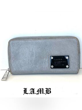 L.A.M.B. Gwen Stefani Gray Smooth Leather Black Logo Full Zipper Around Wallet